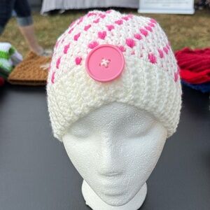 Pink and White Crochet Kids Beanie